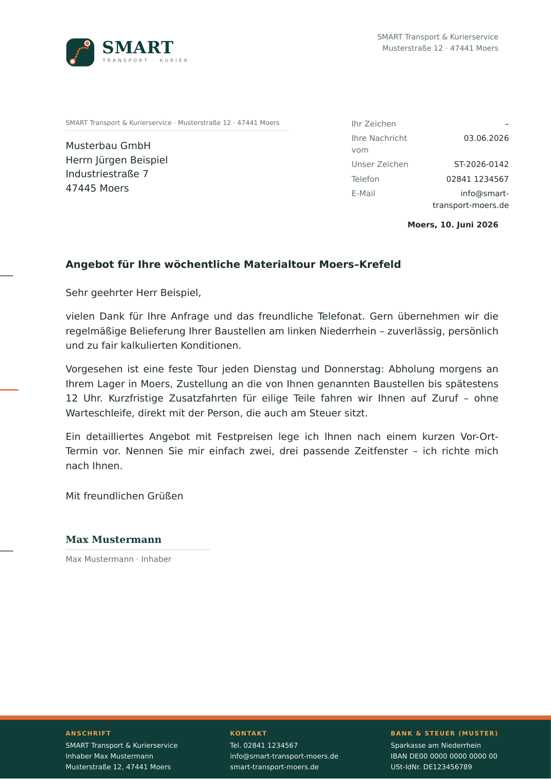 Briefbogen DIN A4 mit Briefkopf, Anschriftfeld, Betreff und Fußzeile